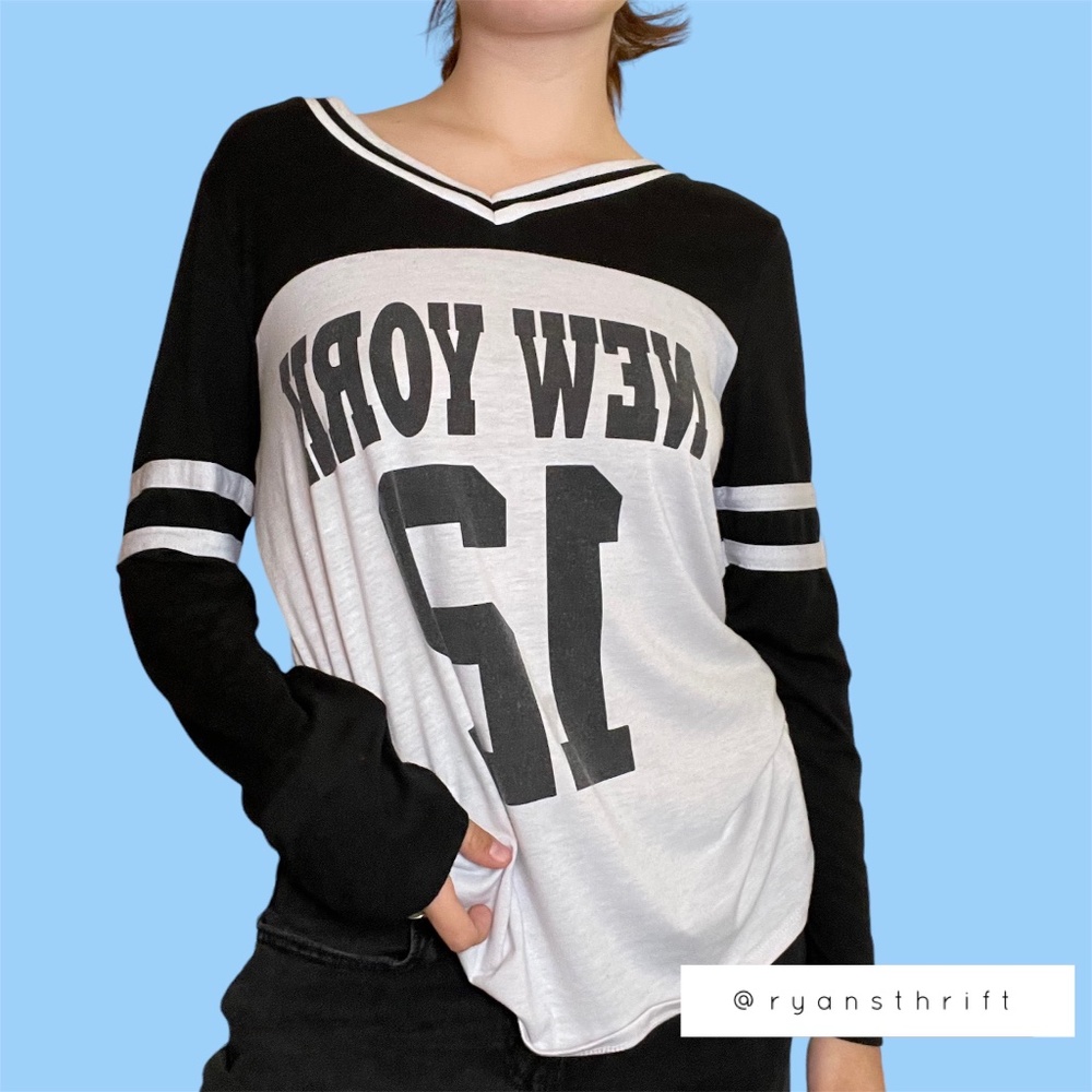 black and white baseball style new York long sleeve tee